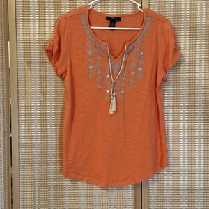 Style‎ & Co Womens M T Shirt Orange Embroidered Tassels Boho Festival Bling
